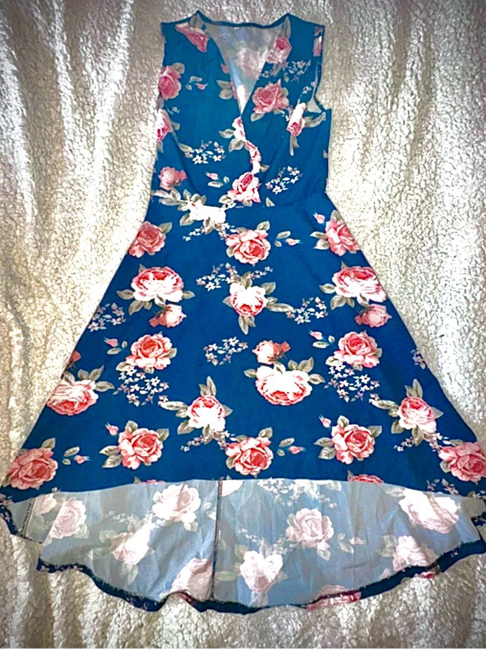 Blue Floral Midi Dress with Pink Roses BNWOT size small